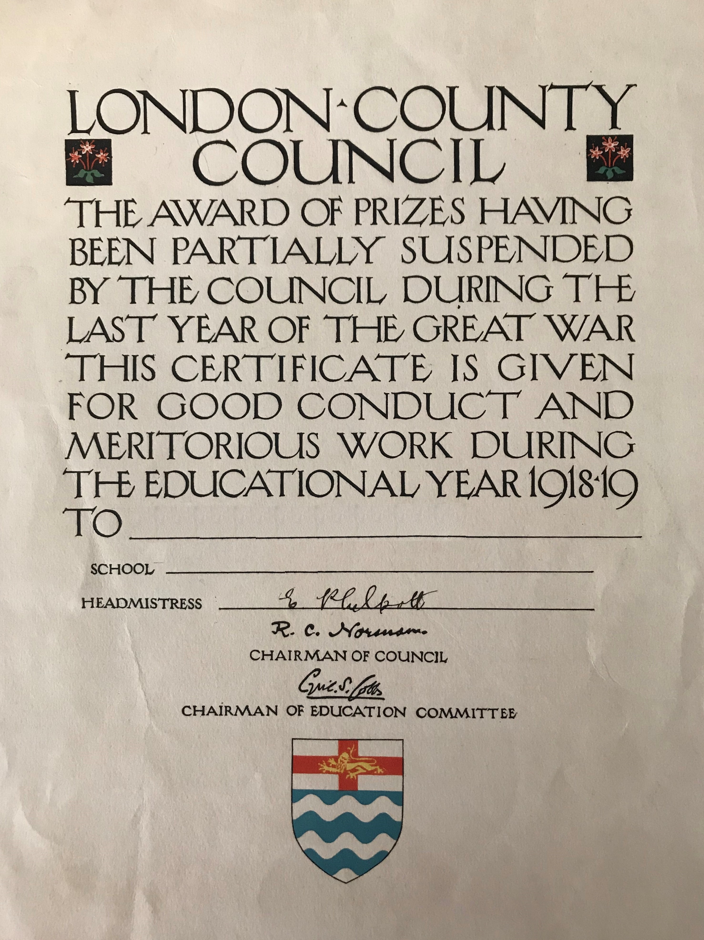 10 LCC Good conduct certificate 1918-19 02