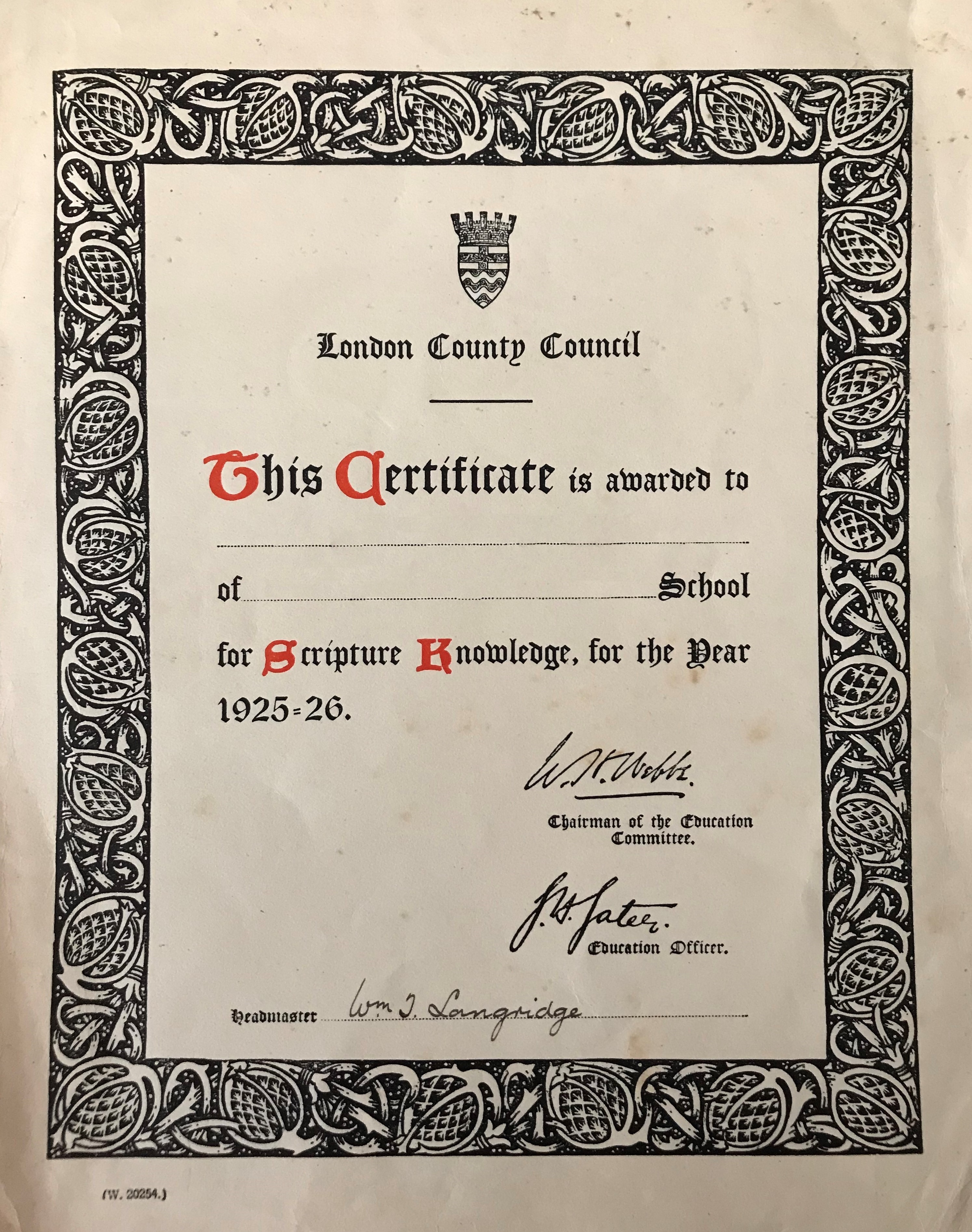 11 LCC Scripture certificate 1925-26