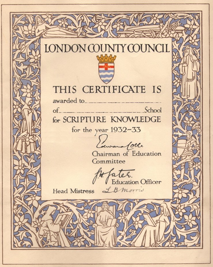 12 LCC Scripture certificate 1932-33