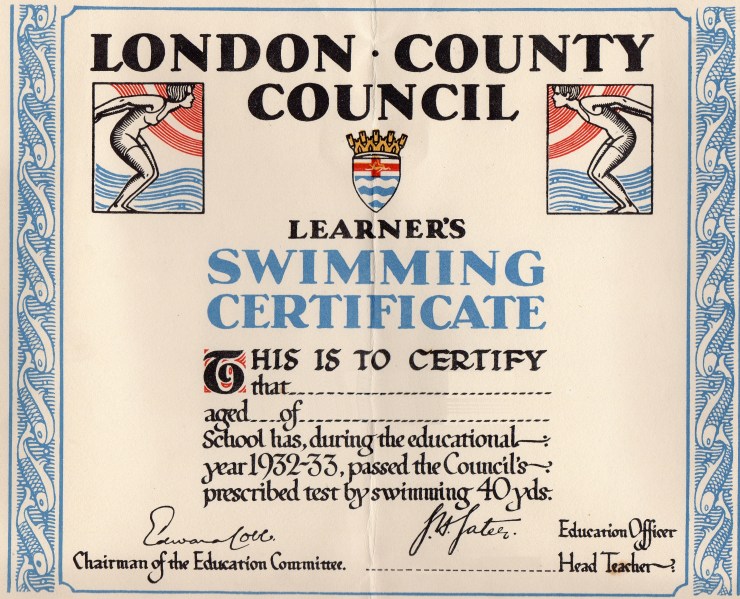13 LCC Swimming Certificate 1932-33
