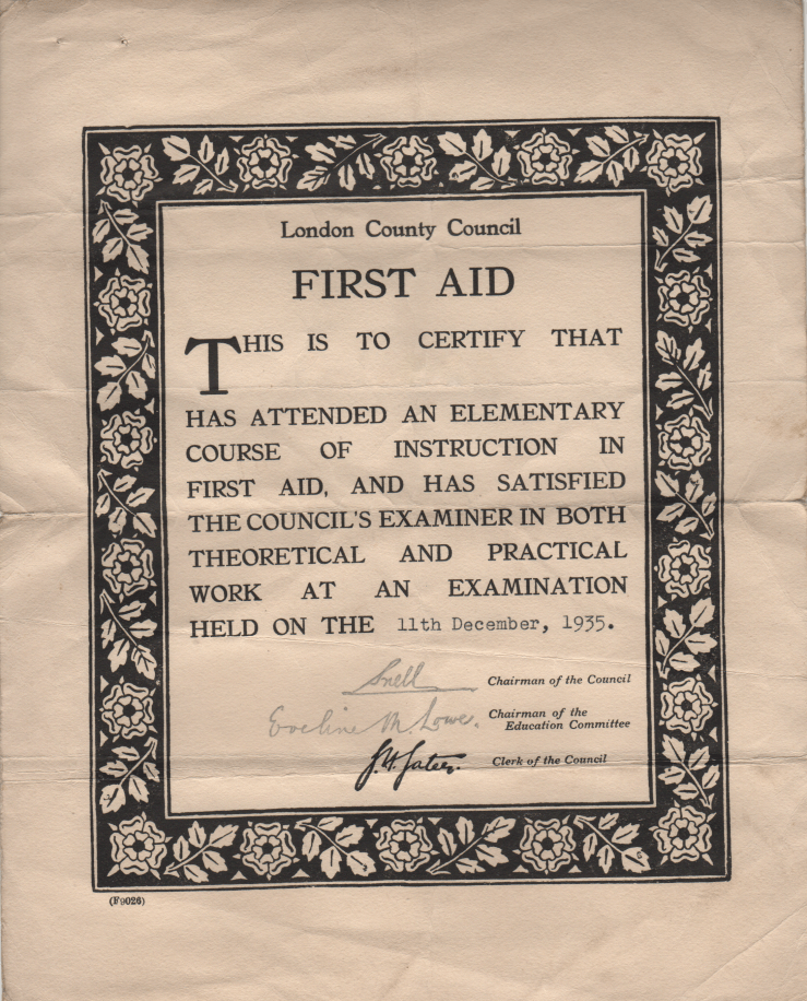 14 LCC First Aid Certificate 1935