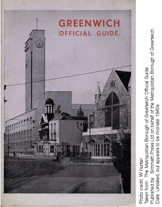 The cover of an official guide to the Metropolitan Borough of Greenwich from the 1940s. It shows the tall bell tower of the Town Hall.