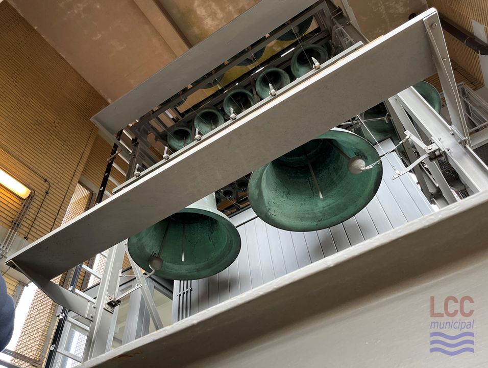 An array of bells hanging in the bell tower