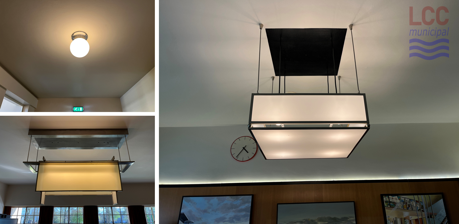 Three interior lights are shown. The first is a small white globe. The other two are more ornate and are a style somewhere between Art Deco and Frank Lloyd Wright's Prairie School - strong geometric shapes.