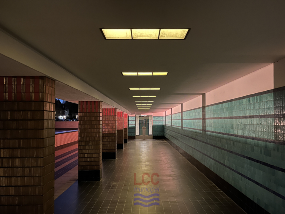One of the walkways up to the front of the building. It runs alongside a large rectangular pond. It is a covered walkway with rectangular inset lighting blocks receding into the distance. Bands of blue tiles line one side of the walkway.