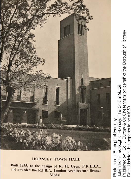 A picture of Hornsey Town Hall showing the tall clock tower. It is taken from an official guidebook to the Borough of Hornsey which appears to date from the late 1950s.