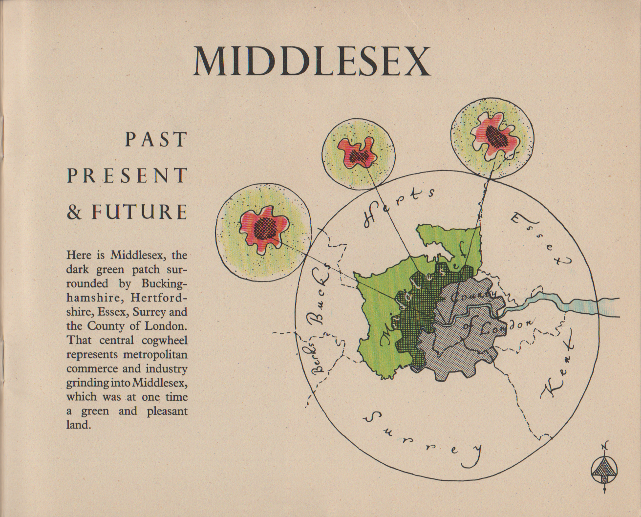 PAST PRESENT & FUTURE The page contains a graphic of London, Middlesex and the surrounding counties. It aims to show how London has expanded into Middlesex Here is Middlesex, the dark green patch sur- rounded by Bucking- hamshire, Hertford- shire, Essex, Surrey and the County of London. That central cogwheel represents metropolitan commerce and industry grinding into Middlesex, which was at one time a green and pleasant land.
