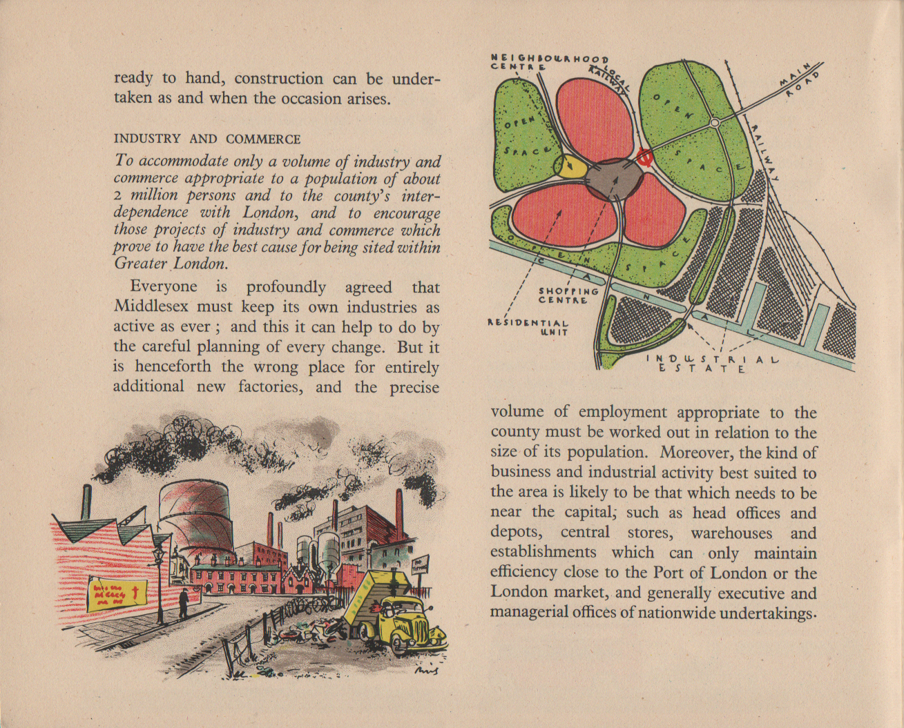 [Continued from previous image] ready to hand, construction can be under- taken as and when the occasion arises. INDUSTRY AND COMMERCE To accommodate only a volume of industry and commerce appropriate to a population of about 2 million persons and to the county's inter- dependence with London, and to encourage those projects of industry and commerce which prove to have the best cause for being sited within Greater London. Everyone is profoundly agreed that Middlesex must keep its own industries as active as ever ; and this it can help to do by the careful planning of every change. But it is henceforth the wrong place for entirely additional new factories, and the precise volume of employment appropriate to the county must be worked out in relation to the size of its population. Moreover, the kind of business and industrial activity best suited to the area is likely to be that which needs to be near the capital; such as head offices and depots, central stores, warehouses and establishments which can only maintain efficiency close to the Port of London or the London market, and generally executive and managerial offices of nationwide undertakings.