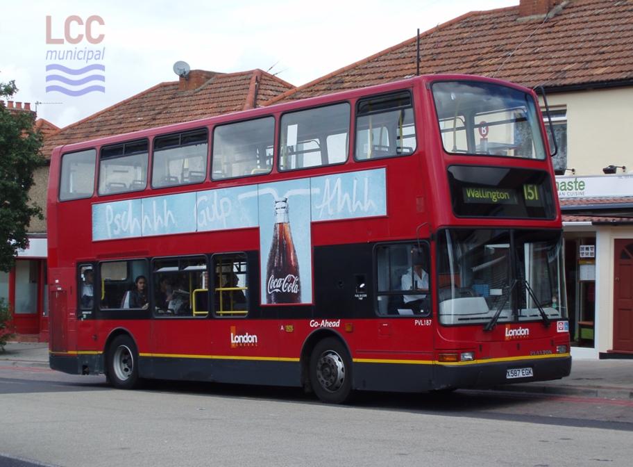 PVL187 is a modern double decker bus from the early 2000s. It comes from a time when Transport for London permitted more variation in liveries. While substantially red, the lower deck carries grey and yellow skirting. The principal branding is not the London Transport roundel, but rather Go-Ahead's London General operating name.