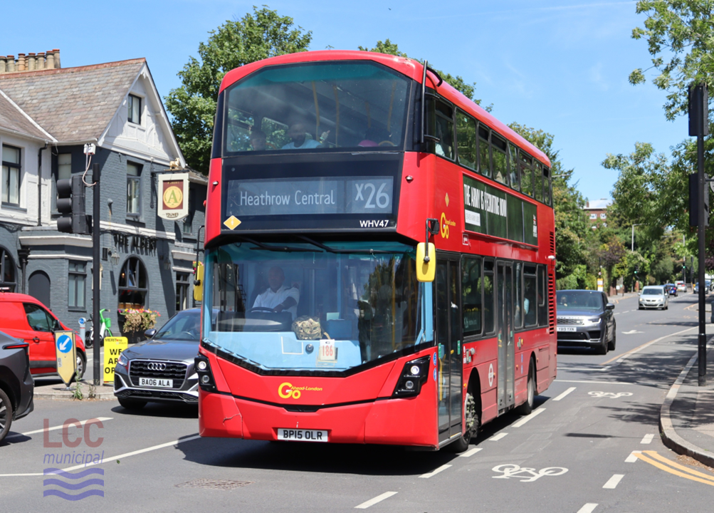 A red double decker bus showing heading to Heathrow Central on the SL7 (although the route display says X26)