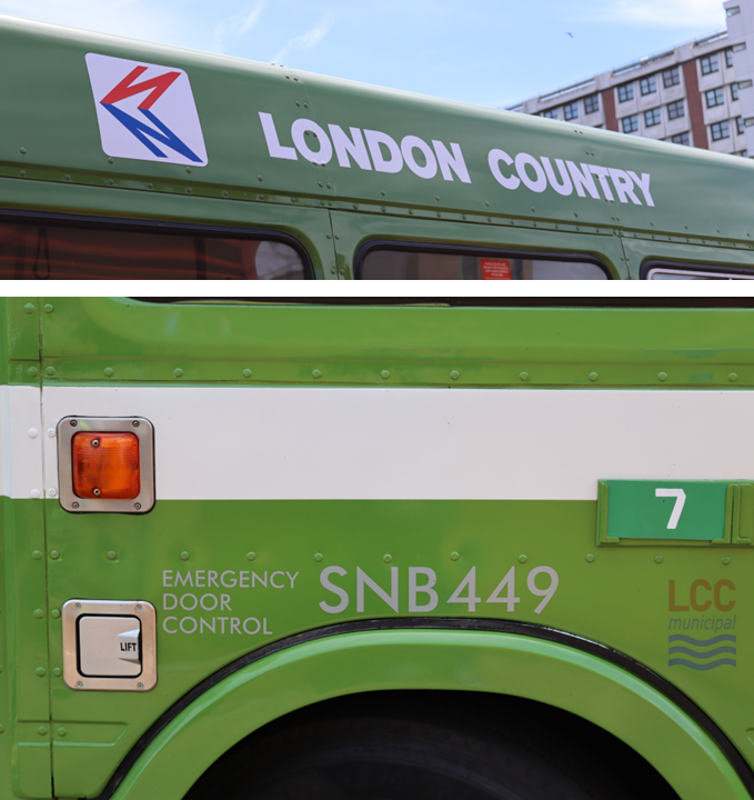 A two-part image. At the top is the London Country branding - white text on a green background next to the National Bus Company's "double N" logo which is red and blue on a white background. in the bottom image, the SNB449 fleet number can be seen in grey/silver on a green background.
