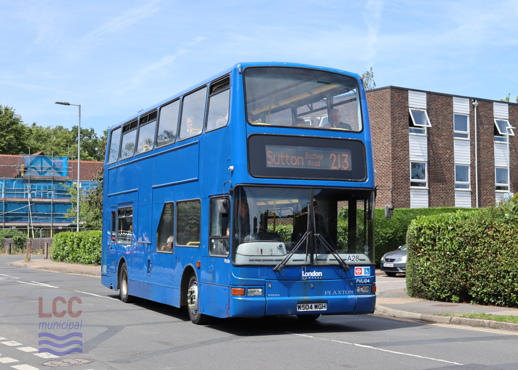 PVL104 wears a blue livery, presumably a legacy of its post-London life (although it does sport a London General logo). It is a modern double decker bus with Plaxton President bodywork.