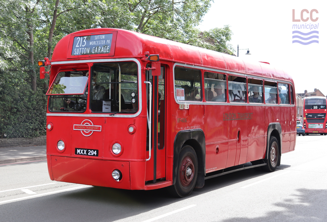 RF406 is a red London Transport single deck bus from the 1950s. It has a distinctive rounded and stream-lined shape, making it look very modern at the time.