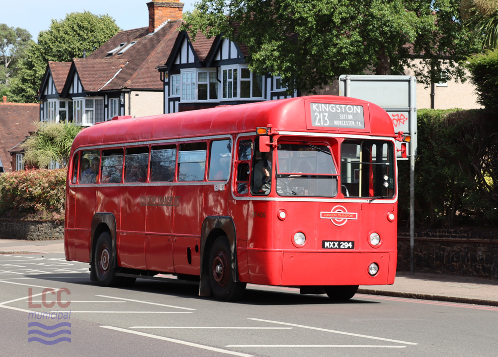 RF406 is a red London Transport single deck bus from the 1950s. It has a distinctive rounded and stream-lined shape, making it look very modern at the time.