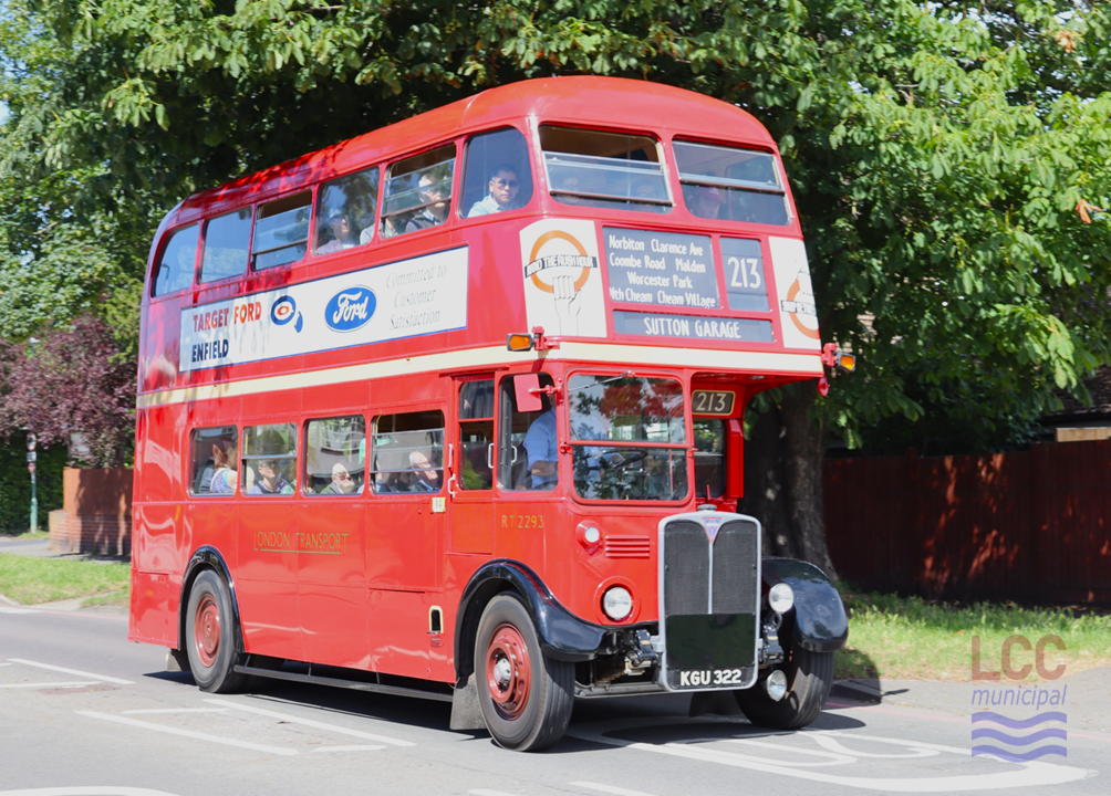 RT2293 is an example of London Transport's classic RT warhorse, which was the backbone of its fleet in the 1950s. It is a half cab, front-engined, rear entrance double decker in red. It carries a side advert for Target Ford, an Enfield dealership.